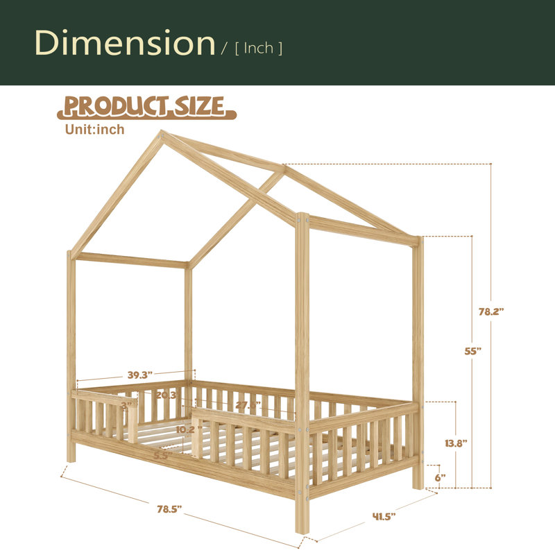 Forme de maison avec de hautes rampes, Naturel, Lit simple