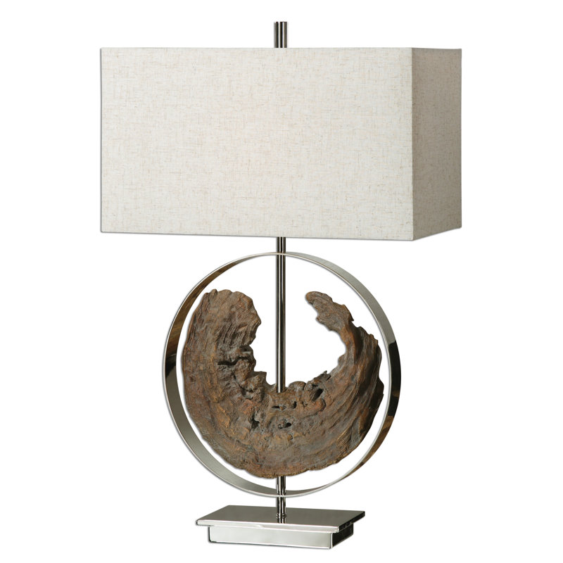 Polished Nickel Driftwood Table Lamp with Linen Shade