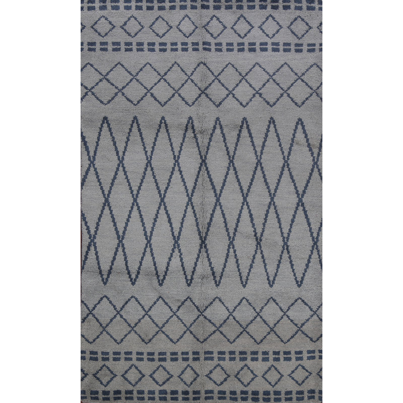 Tapis unique en laine noué à la main gris / bleu nouvel âge 5 pi 1 po x 8 pi 3 po