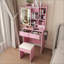Petit bureau de coiffeuse avec miroir et lumières DEL réglables, prise de courant intégrée et rangement dissimulé, comprend tabouret et tablette rembourrés, coiffeuse pour petites chambres