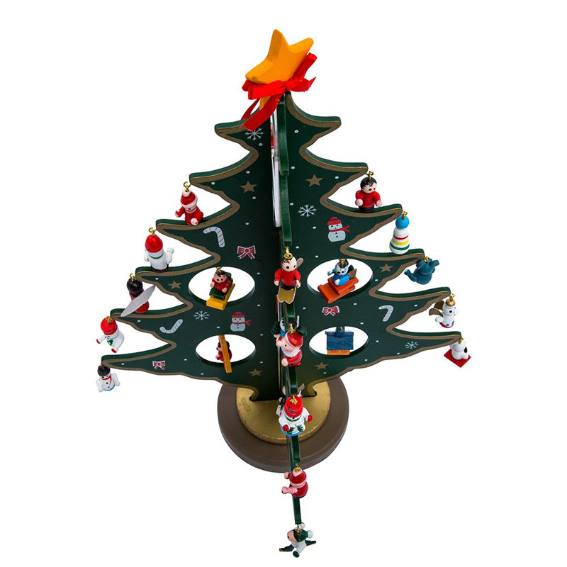 11.75'' Green Wooden Christmas Tree with Mini Ornaments Set
