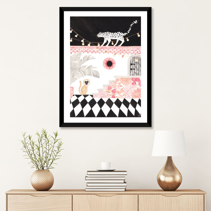 Art sur papier leopard et singe, H 32 po x l 24 po x P 1 po, Papier avec cadre noir