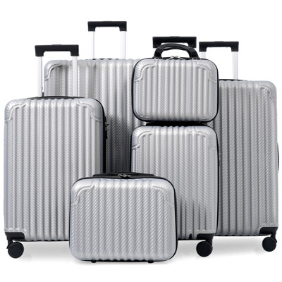 6-Piece Luggage Set, Durable Hardshell ABS Suitcase with Spinner Wheels, TSA Lock, Side Hooks, Lightweight Carry-On & Checked Luggage