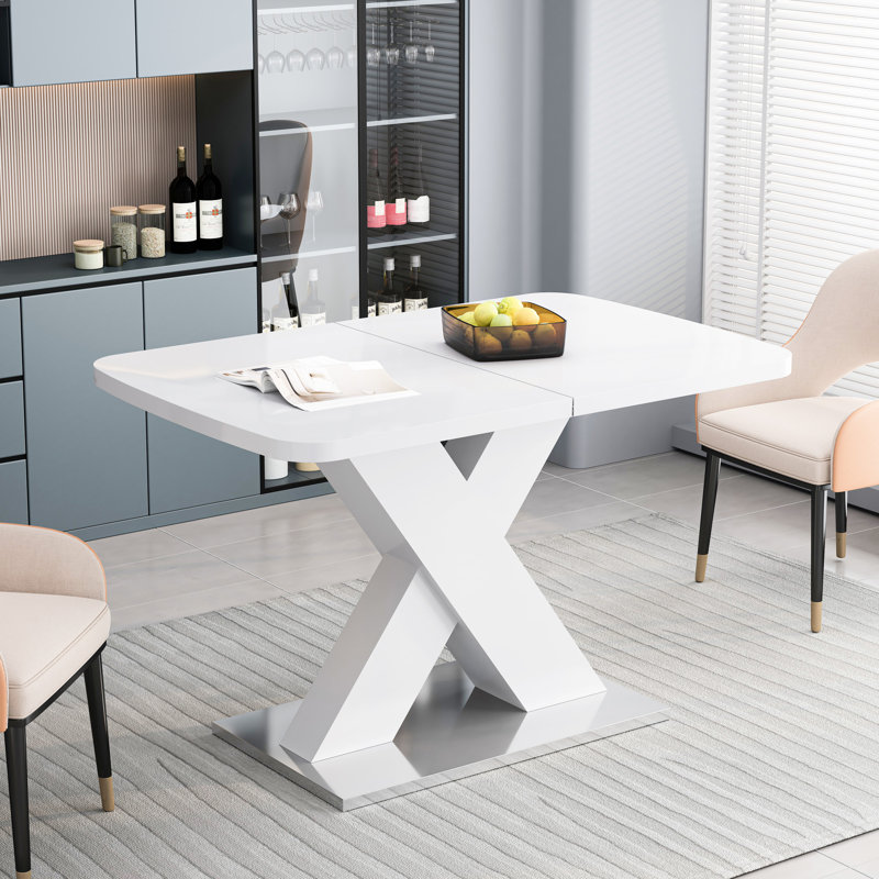 Table de salle à manger carrée blanche, extensible, avec base en acier, H 29,31 po, facile à assembler, capacité de charge de 220 lb, installation facile