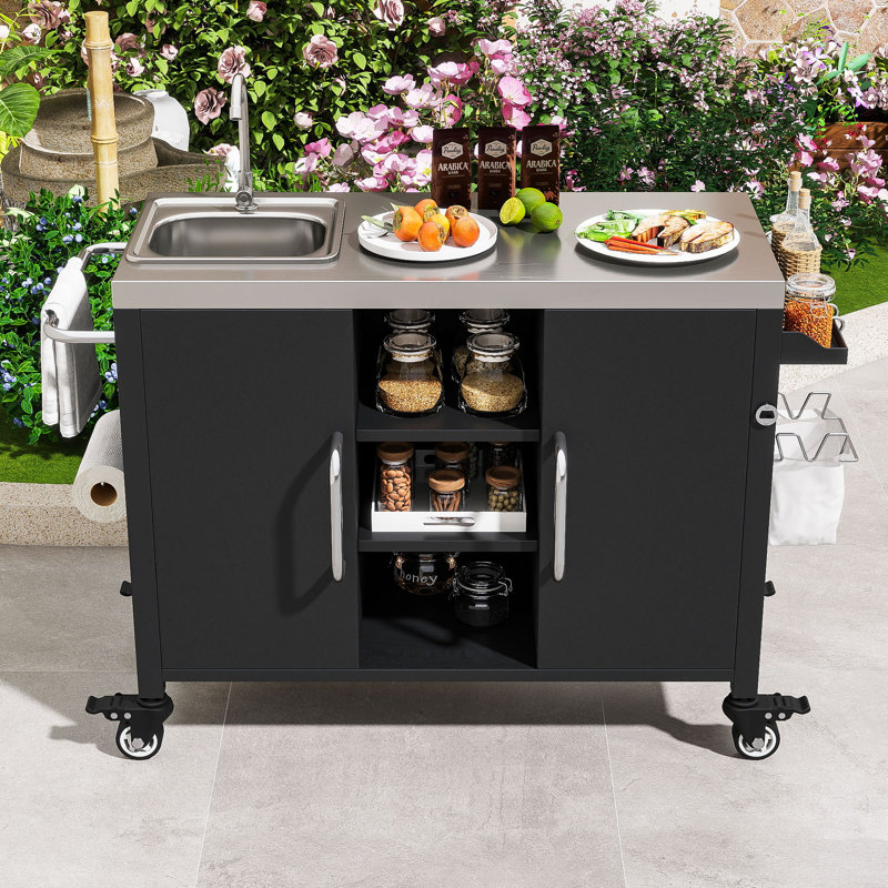Chariot de barbecue extérieur avec évier en acier inoxydable, armoire de rangement, support à épices réglable et roues verrouillables