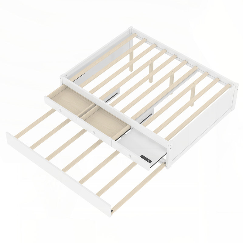 Solid Wood Platform Bed with Trundle, 2 Drawers, and Integrated Power Strip for Space-Saving and Convenience, White, Full