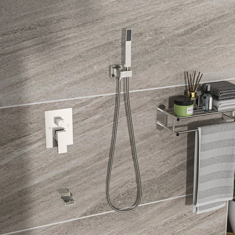 Shower System With Waterfall Tub Spout In Brushed Nickel - 10 Inch Wall Mounted, Square, 3 Function, Rain Shower, Handheld, Instrument Kit Mounted Square Nickel, Rainfall Head, Facility