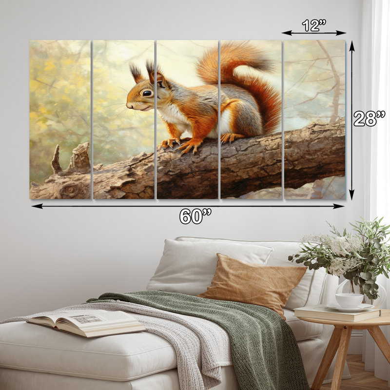 Écureuil vif II - animaux, art mural sur toile - 5 panneaux égaux