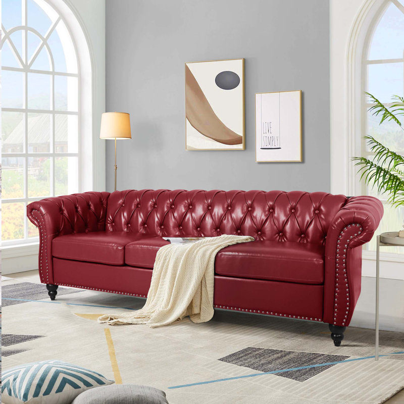 Deaneen 83.85'' Faux Leather Sofa, Red Faux Leather