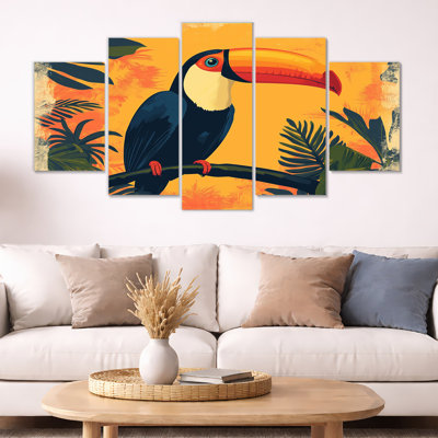 Toucan Wall Art, Tropical Bird Canvas, Retro Toucan Jungle Poster 5 Panel