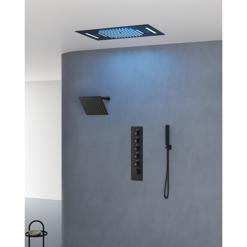 LED Bluetooth Music Thermostatic Rain Shower System with Dual Shower Heads and Handheld Sprayer, Matte Black