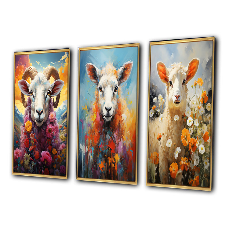«Pink Sheep Enchanted Ewes», 3 pièces, H 28 po x l 36 po, Encadrement doré