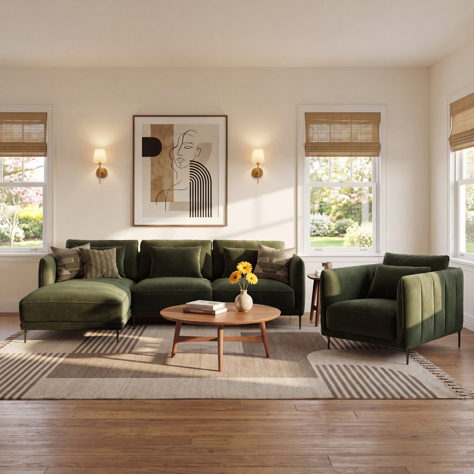 Rae 3-Piece Velvet Living Room Set, Left Hand Facing, Military Green