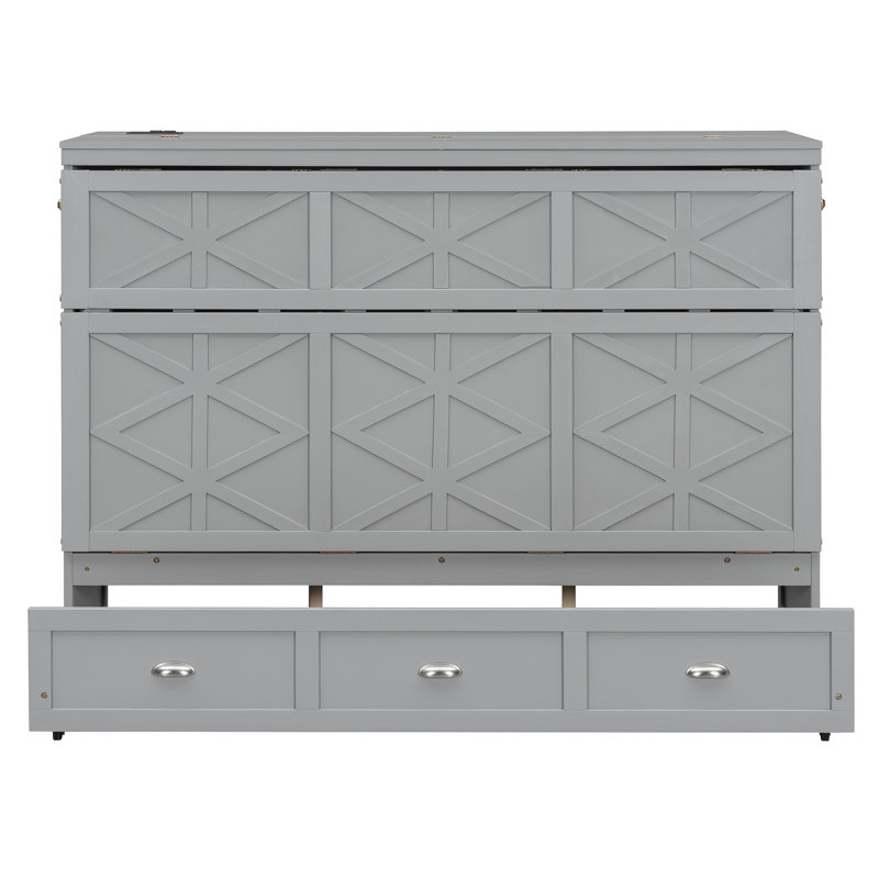 Grand lit escamotable en contreplaqué gris avec ports USB, tiroirs, rangement, tête de lit - 1 pièce