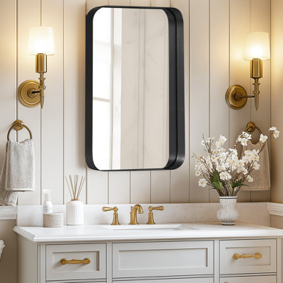 Armoire à pharmacie encastrée avec miroir, armoires à pharmacie à miroir pour salle de bain, armoire à miroir de salle de bain 16 po x 24 po avec rangement et structure en métal lourd, fixation murale en surface (noir, rectangulaire)