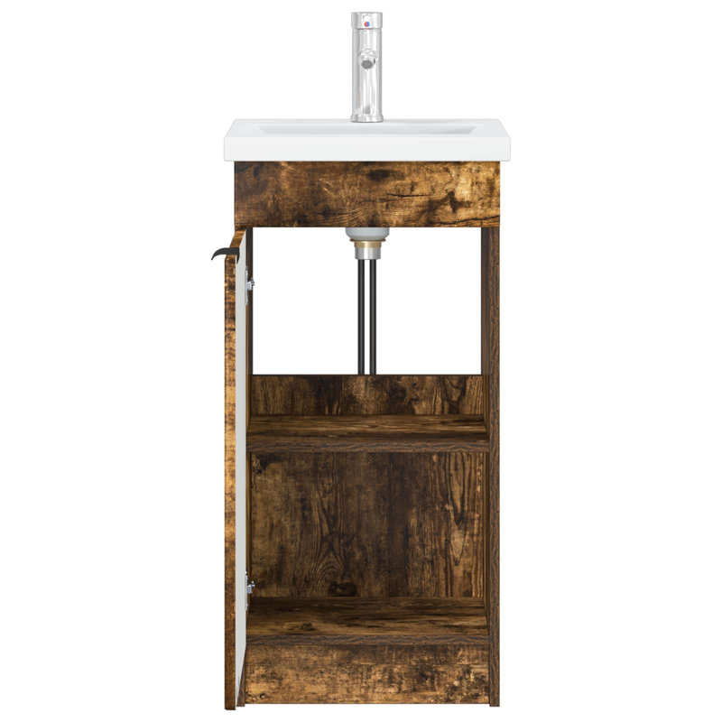 Single Bathroom Vanity with Ceramic Basin, Smoked Oak