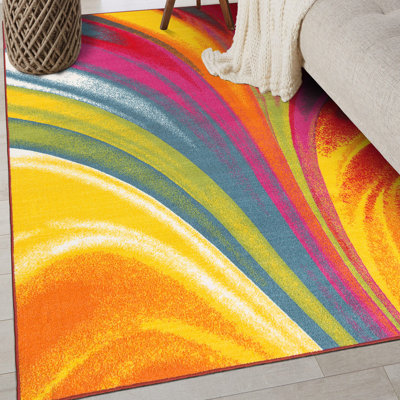 Akieba Abstract Tufted Blue/Orange/Pink Non-Slip Rubberback Area Rug
