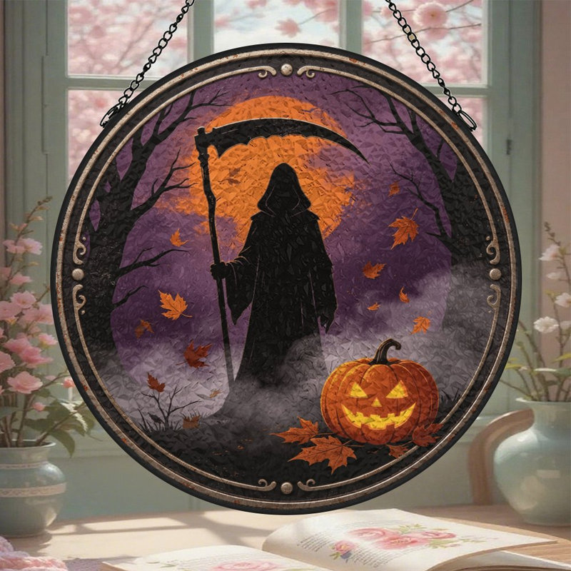 Panneau de vitrail pour fenêtre Grim Reaper, 11,8 x 11,8 po (30 x 30 cm)