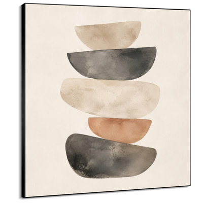 Impression sur tissu grand format - Motif minimaliste de formes organiques empilées beige neutre et noir pour salon ou chambre à coucher « Assemblage du cadre requis (cadre non fini) »
