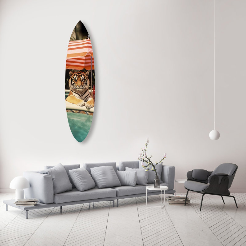 Oliver Gal Tiger by The Pool Surfboard Animals - Die-Cut Acrylic Glass Wall Art Sculpture