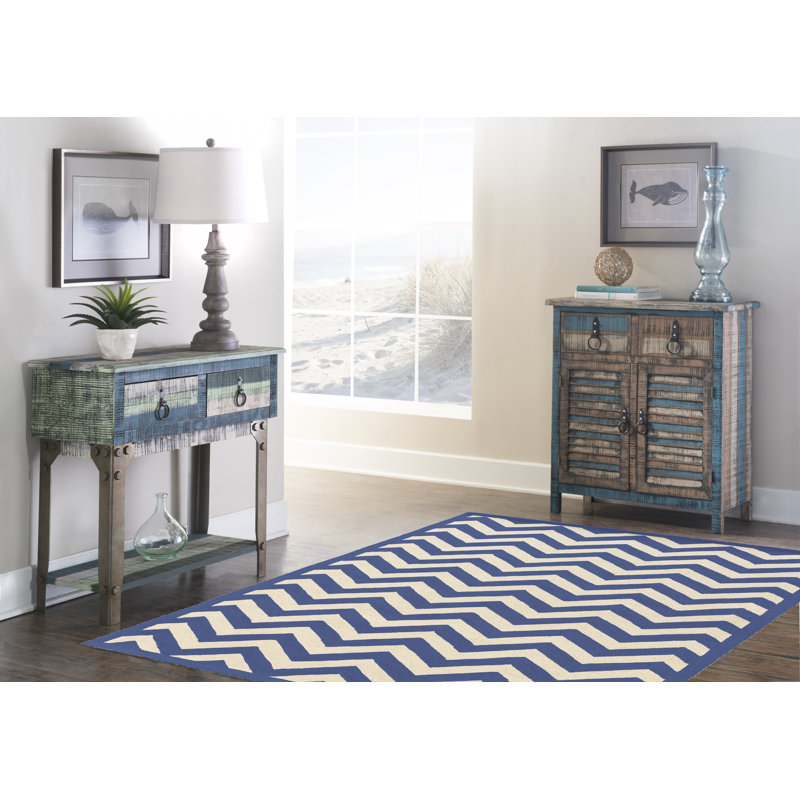 Tapis bleu en laine à chevrons crocheté à la main, Rectangle 5 pi x 7 pi