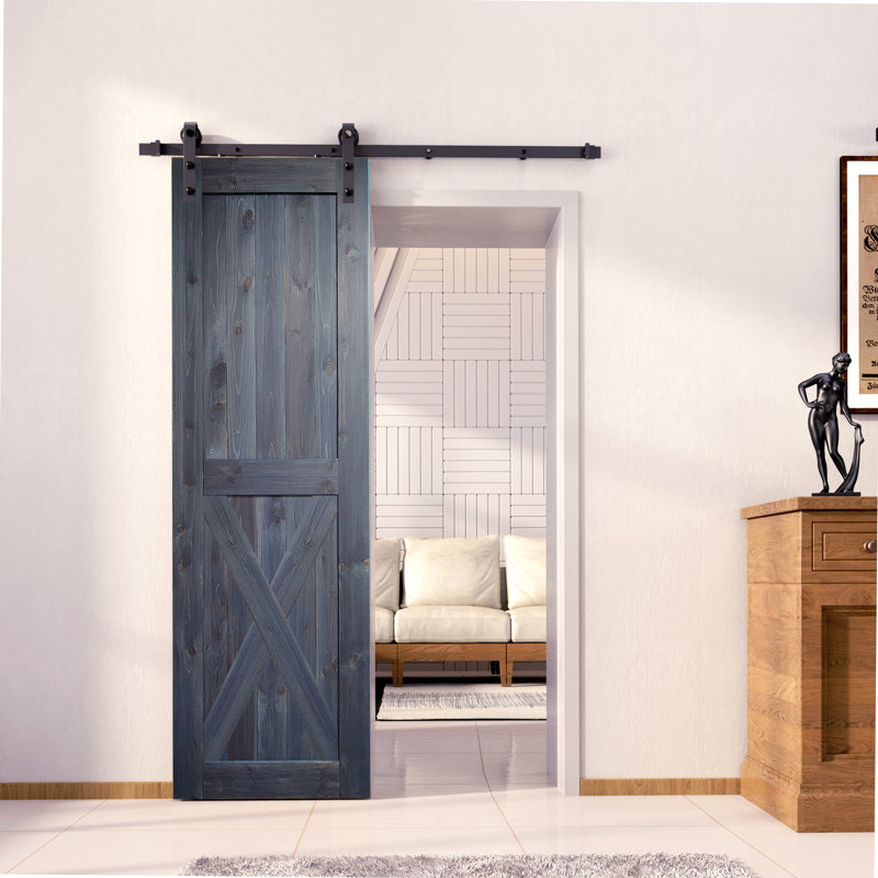 X Design 84" Colour Solid Pine Wood Unassembled Door with Black Rustic Installation Hardware Kit, Navy, 42" x 84"