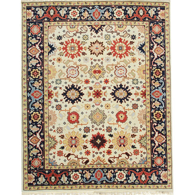 Standard Size Ivory Hand-Knotted Wool Floral Symphony Geometric Modern Contemporary Carpet Rug