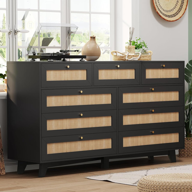  Commode 9 tiroirs Rattan, Noir