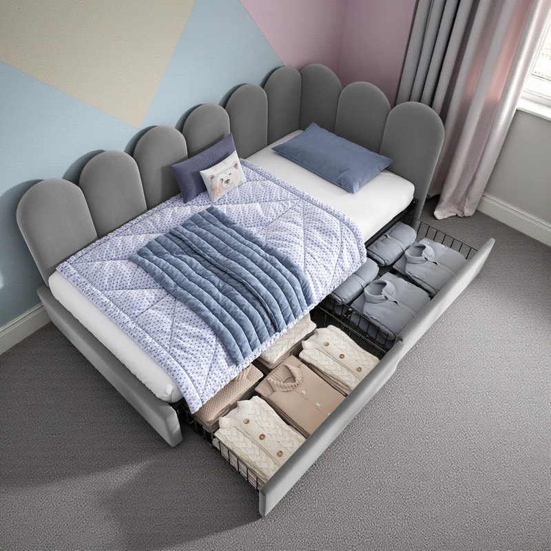 Velvet Upholstered 3FT Single Sofa Bed 90X190cm With Drawers Storage With Slatted Frame, Grey