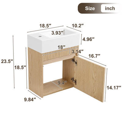 18.5" Floating Bathroom Vanity with SMC Sink, Wave-Front Push-to-Open Cabinet, Soft-Close Hinges, Reversible Wall-Mounted Storage