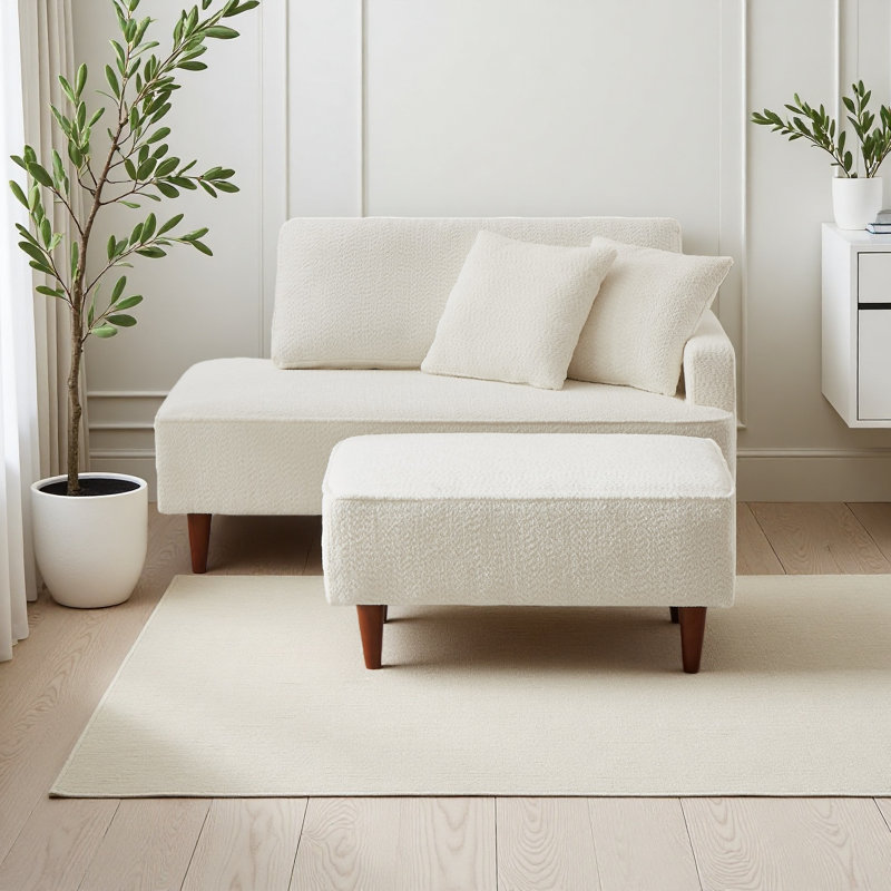 Chaise longue d'intérieur rembourrée avec repose-pieds Boucle Méridienne, Crème, crème