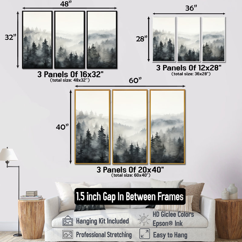 «Gray Misty Morning Forest Horizon», ensemble de reproductions d'art mural forêt, H 32 po x l 48 po, Cadre flottant brun