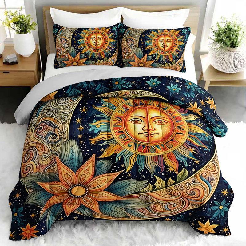 Celestial Sun Moon Comforter Set, Bohemian Bedding Set with 2 Pillow Cases, Soft and Machine Washable Bedding, All Seasons Comforter for Room Decor