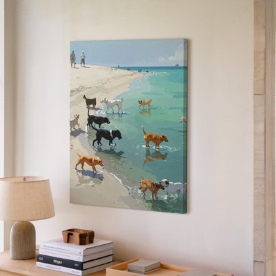 Canvas Wall Art A Stylized Painting Of Multiple Dogs Playing Near Shallow Water At A Beach The Scene Premium Quality Ready To Hang