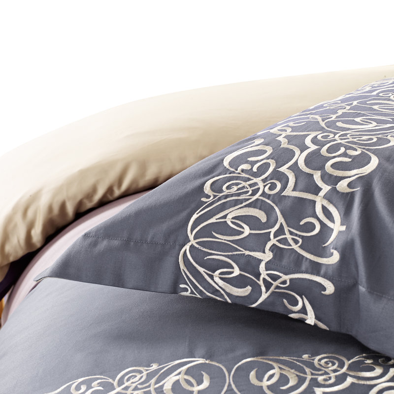Slate Blue and Cream Cotton Pintuck King Duvet Cover Set