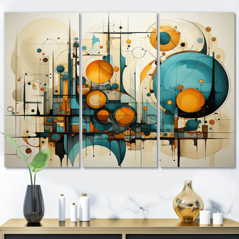 «Teal Yellow Abstract Fractal Collage Melody I», reproduction sur toile tendue 3 pièces, H 28 po x l 36 po x P 1 po