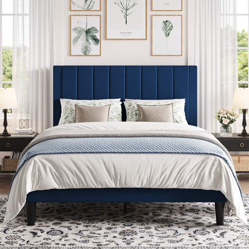 Velvet Upholstered Platform Bed With Headboard & Wooden Slats, Full, Navy Blue