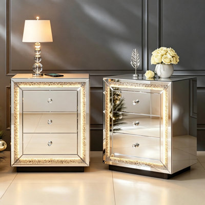 Mirrored Nightstand, Silver Bedside End Table with Wireless Charging Station, LED Light, 3 Storage Drawers, Crushed Diamonds for Bedroom, Living Room and Office