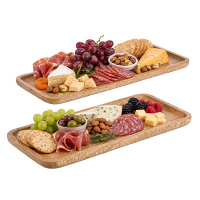2-Piece Mango Wooden Serving Trays, 15.5”/13” Large Wooden Rectangle Tray Set for Coffee Table, Ottoman, Food, and Drinks, Wood Platters for Parties, Events and Decor, Natural