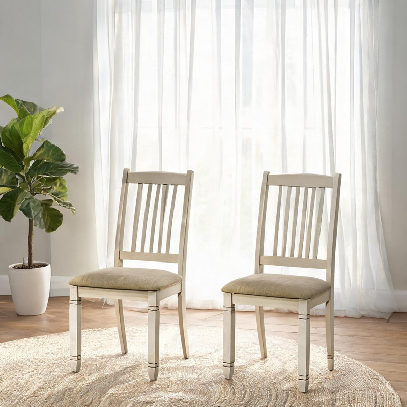 Ensemble de 2 chaises d'appoint rembourrées au fini blanc épuré avec tissu d'aspect lin beige, hauteur de 37,5 pouces pour la cuisine ou la salle à manger, style transitionnel