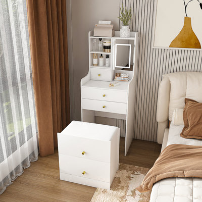 Coiffeuse à miroir 3 en 1 avec tabouret de rangement et bibliothèque ouverte pour l'organisation de la chambre à coucher