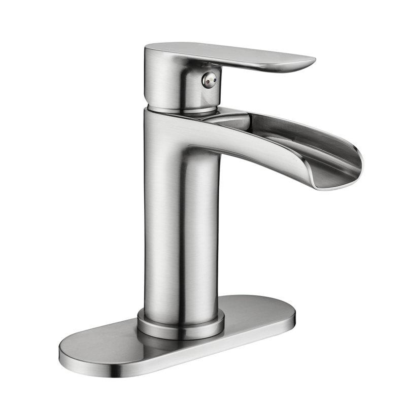 Robinet pour salle de bain à poignée simple Modern Nickel brossé avec plaque de pont et trop-plein pour salle de bain
