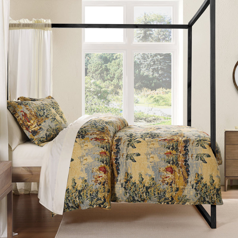 Provence Washed Linen Gold Yellow Victorian Print Shabby Elegance Duvet Cover Set with Pillow Shams
