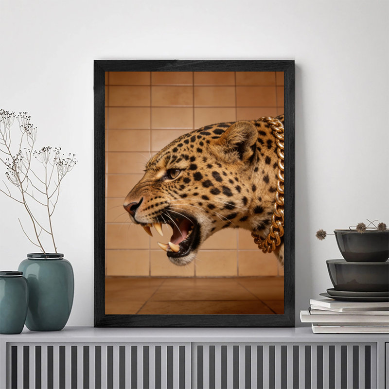 Reproduction d'art encadrée noire rétro léopard rugissant, H 11 po x l 9 po