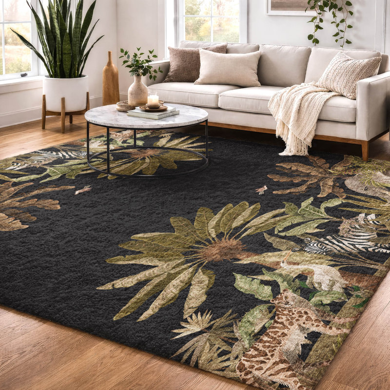 Premium Machine Washable Dream Shag ADS203 Palms and Safari Animals Rug, 3' x 5'