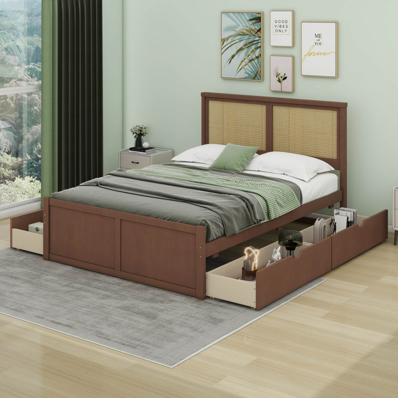  Lit plateforme en bois avec 4 tiroirs et tête de lit en rotin Canup, Grand, Espresso