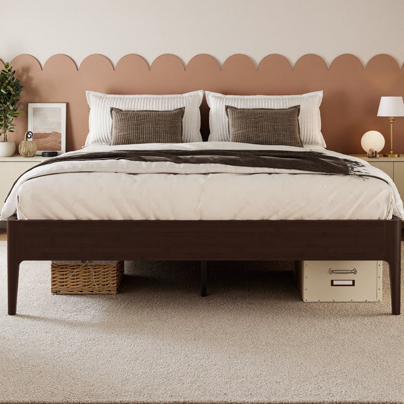 Base de lit plateforme en bambou massif de 15 pouces de hauteur avec support en métal, base en lattes de bois minimaliste moderne, aucun sommier tapissier requis, sans bruit, assemblage facile
