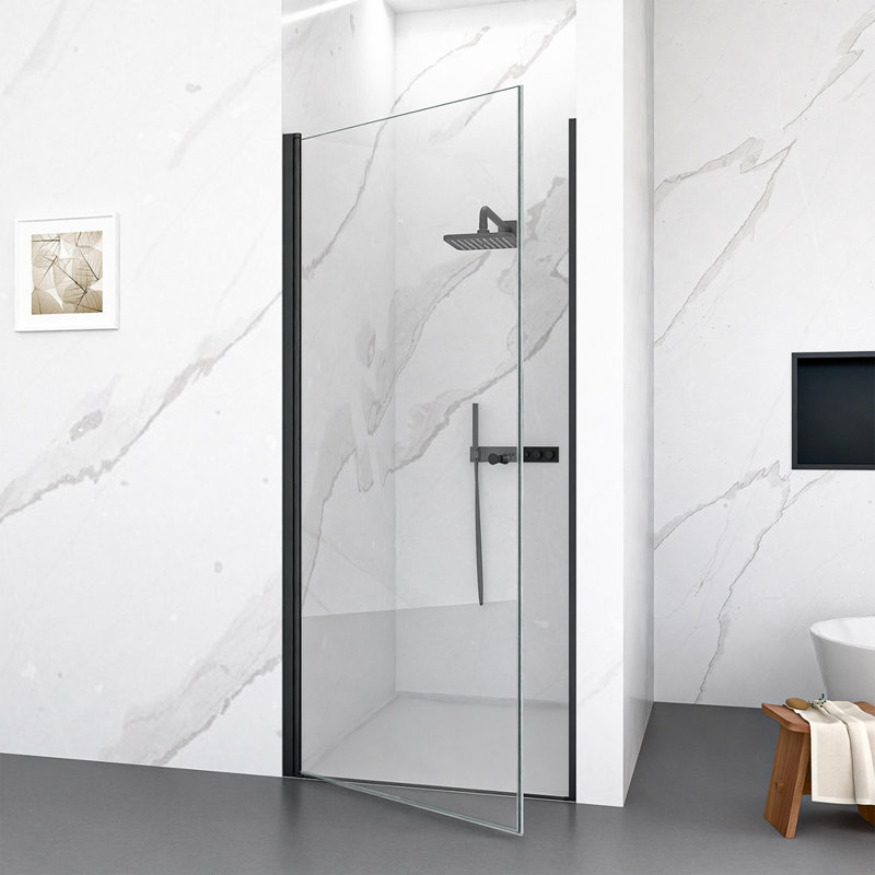 Porte de douche pivotante sans cadre l 30 po x H 72 po avec verre trempé de 1 po d'épaisseur (6 mm), Matte Black