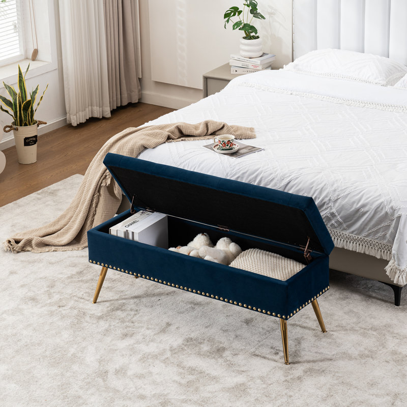 Velvet Storage Bench with Gold Legs Nailhead Trim, Upholstered Bedroom Bench for End of Bed, Navy, 18" H x 46" W x 15.5" D