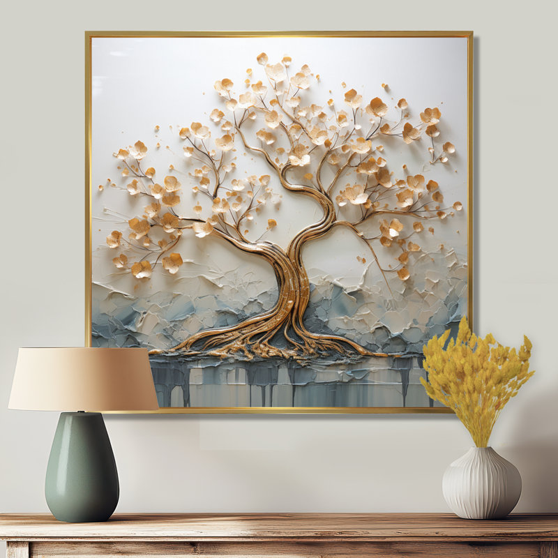 Arbre doré dans un lac au début du printemps I - décoration murale arbre, H 36 po x l 36 po, Cadre doré flottant, bois massif